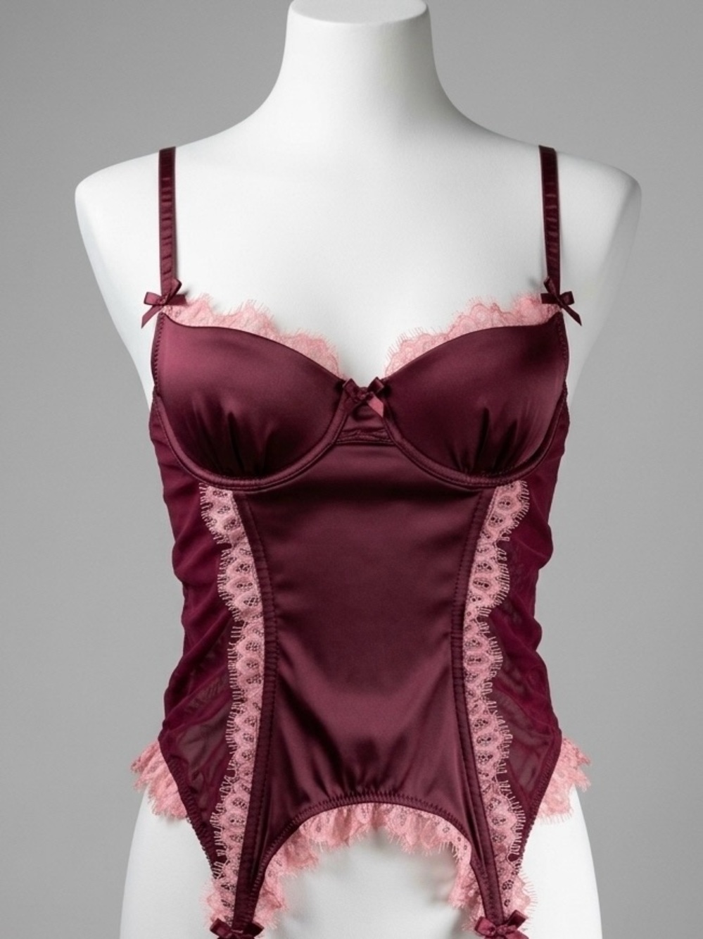 Victoria’s Secret Sexy Little Things Burgundy Corset Bustier 34B Satin Mesh Lace